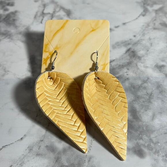 Handcrafted Yellow Faux Leather Dangle Hook Earrings with Rubber Backs - Picture 1 of 5